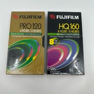 Never Opened Fujifilm Blank VHS Tapes. 1 HQ 160 8 hours and 1 Pro 120 6 hours.